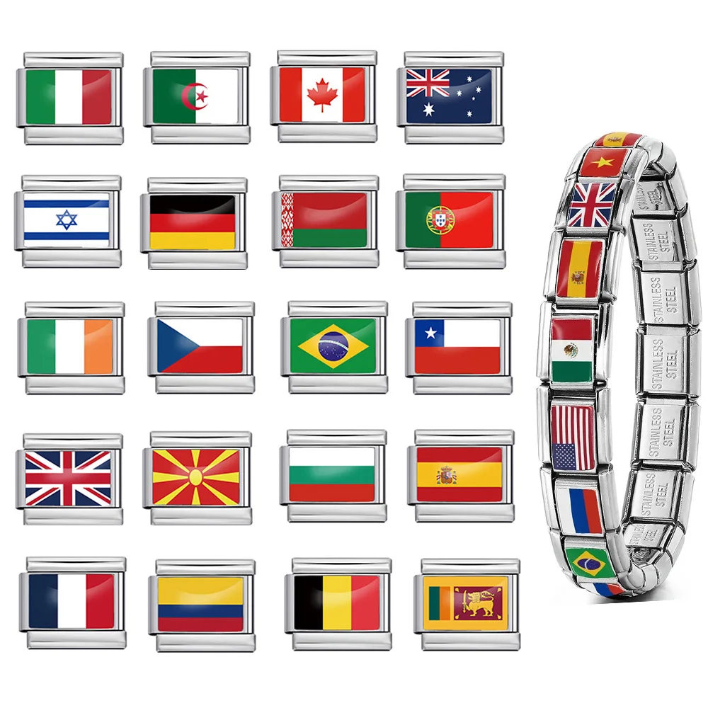 

Fashion New Enamel World National Flag American Italian Charm Link Fit 9mm Bracelet Stainless Steel DIY Beads For Jewelry Making
