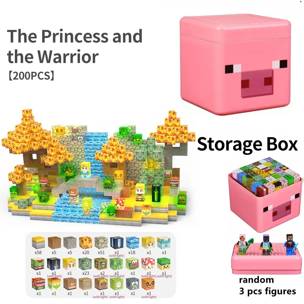 Blocos de construção magnéticos da princesa e o guerreiro com luzes brinquedos DIY, presente criativo para crianças