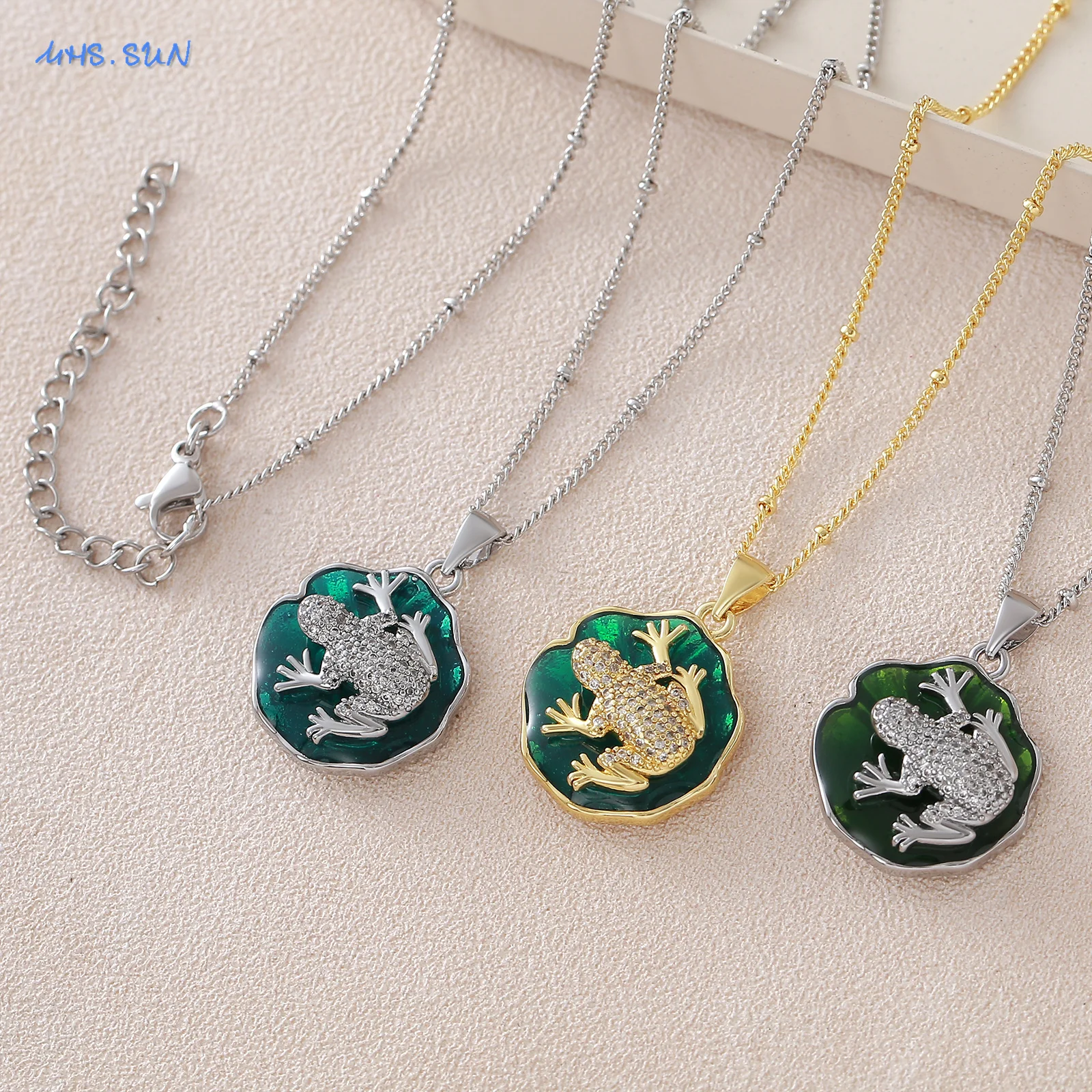 MHS.SUN فريد قطرة النفط لوتس ليف على شكل قلادة القلائد الذهب/الفضة اللون الضفدع مكعب الزركون سلسلة مجوهرات للنساء الرجال