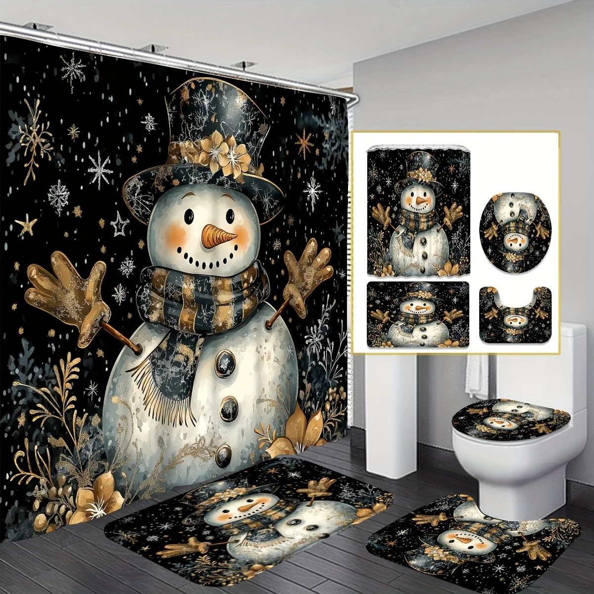 

4PCS Chic Christmas Black & Gold Shower Set – Snowflake & Snowman, 12 Hooks, Non-Slip Mat, U-Shaped Seat Cover – Holiday Decor