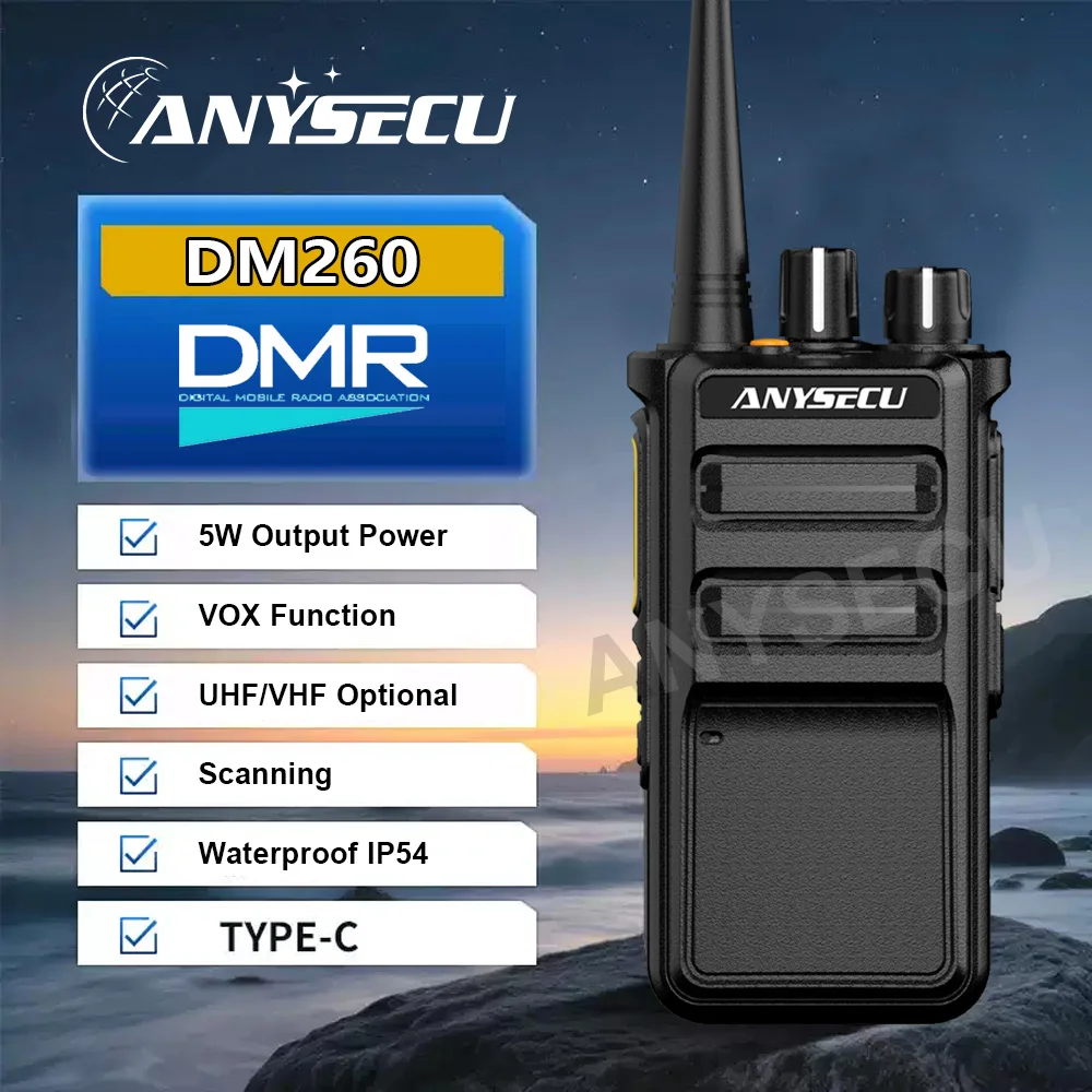 

AES256 DMR Digital Radio 5W UHF 400-470MHz ANYSECU DM260 Analog and digital Dual AMBE+2TM Mode Portable Walkie Talkie