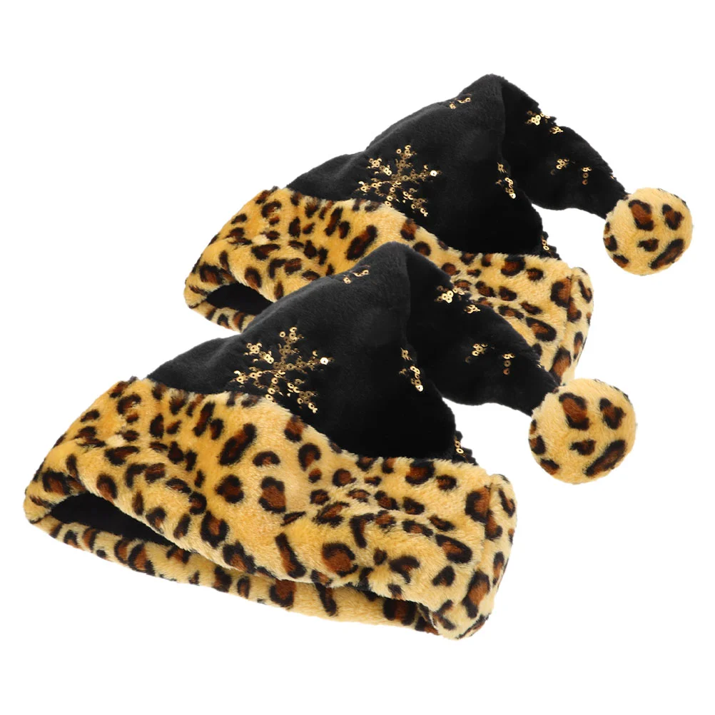 2 PCS Leopard Print Christmas Hat Santa for Family Adults and Kids Plush Xmas Sequin Party