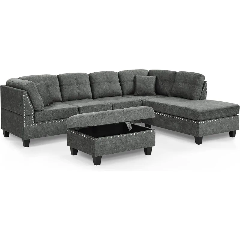 Juegos de muebles para sala de estar, sofá seccional con almacenamiento otomano, 2 almohadas en forma de L y Chaise Reversible Extra ancho, sofá tapizado