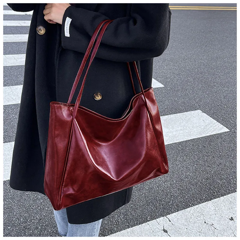 Retro Burgundy Large Capacity Tote Bag Solid Simple Women\'s Soft Leather Magnetic Buckle Underarm Bags School Commuting Handbag