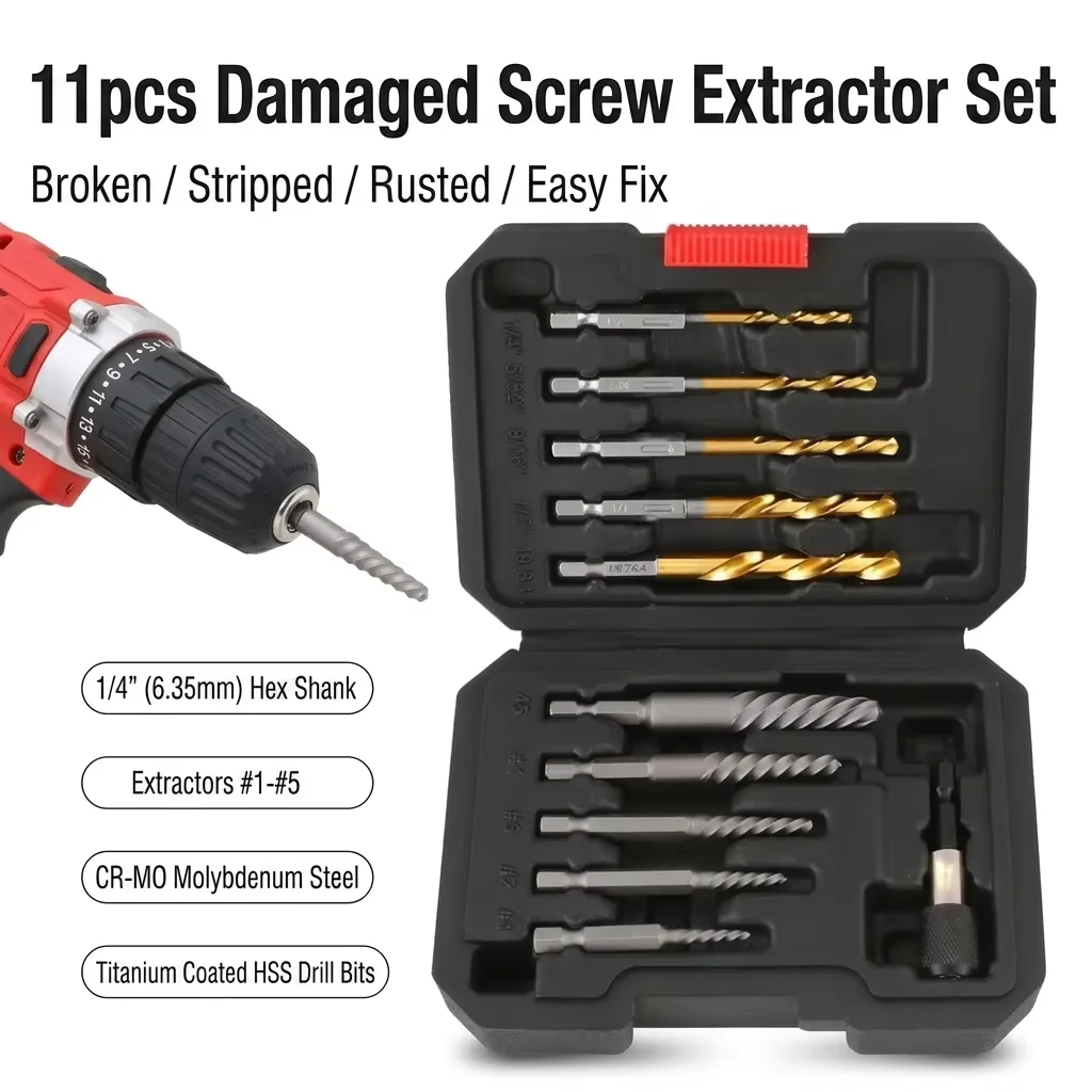 11PCS Damaged Screw Extractor Set Easy Out Bolt Remover HSS Drill Bits Stripped Broken Screw Removal Kit with Adapter Case