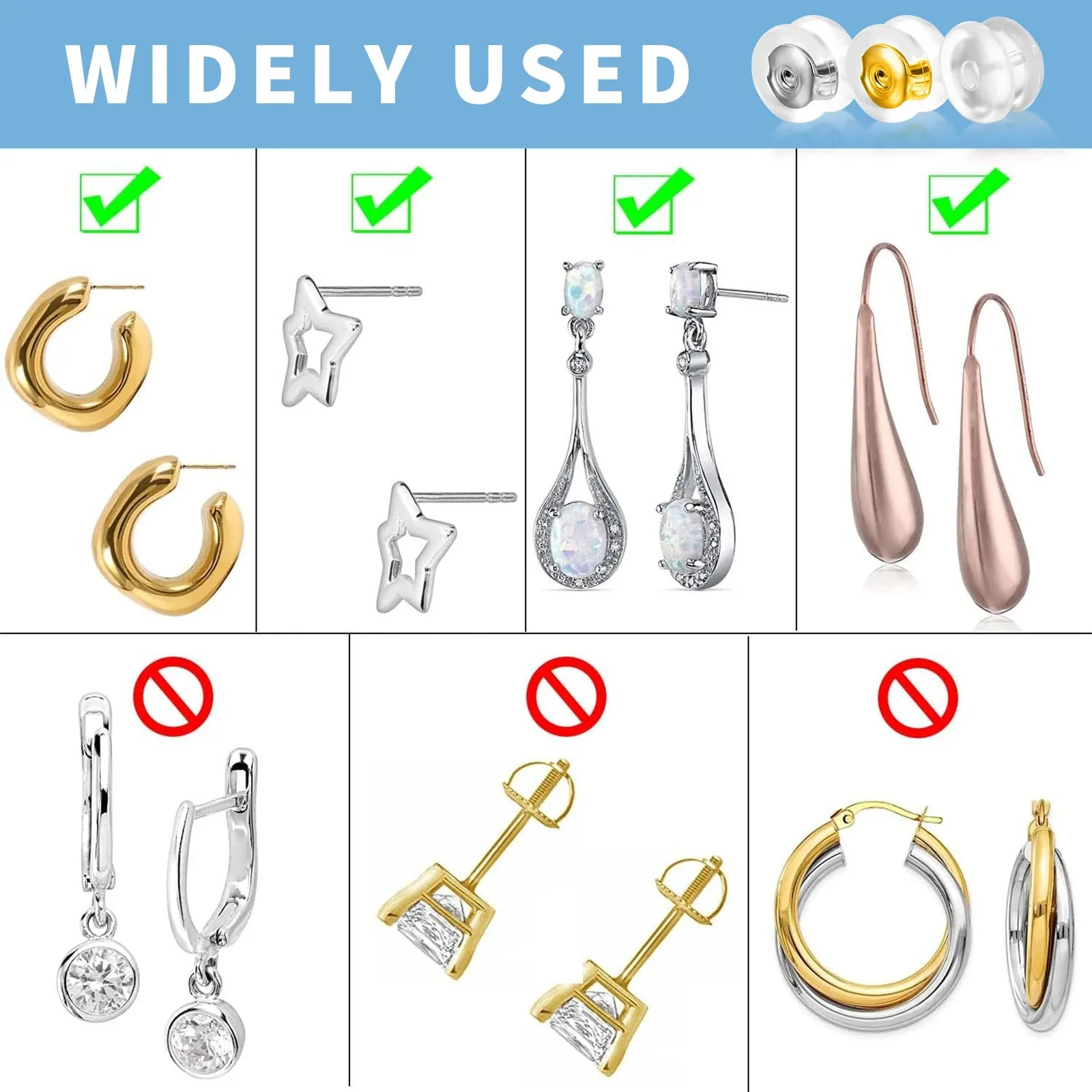 50Pcs Professional Earring Security Set - Mixed Clear/Gold/Silver Backs + Dome Stoppers w/Metal Insert | Non-Slip & Case Include