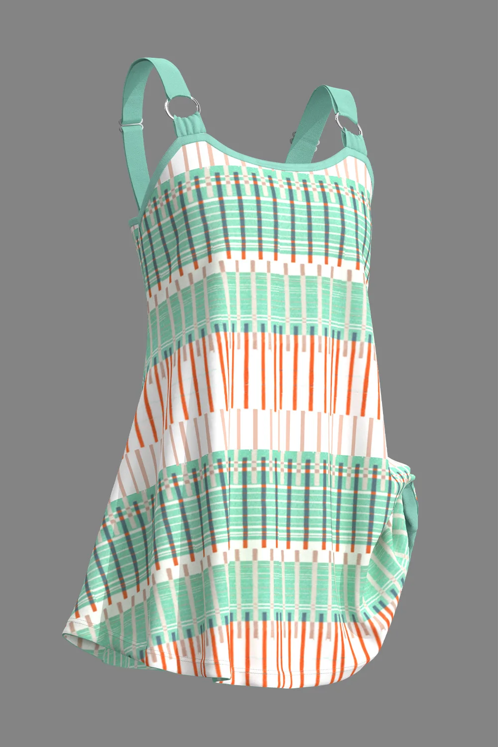 Flycurvy Plus Size Casual Green Striped Print Metal Ring Tank Top With Built In Bra