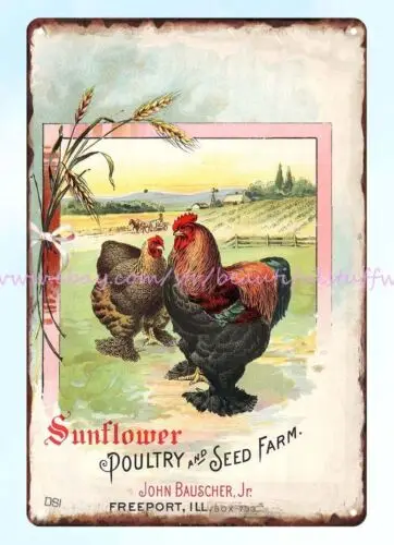 1898 Hen rooster Bauschers seed plant guide metal tin sign interiors by design