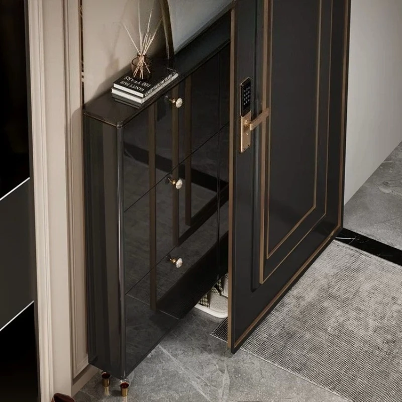 Modern Italian Light Luxury Ultra Thin Shoe Cabinet Household Door Small Apartment Black Organizer Shoerack Cabinets Furniture