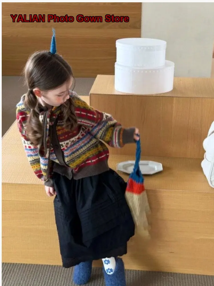 Girls Fair Isle Knit Coat Kids 2026 Autumn Stylish Warm Wear