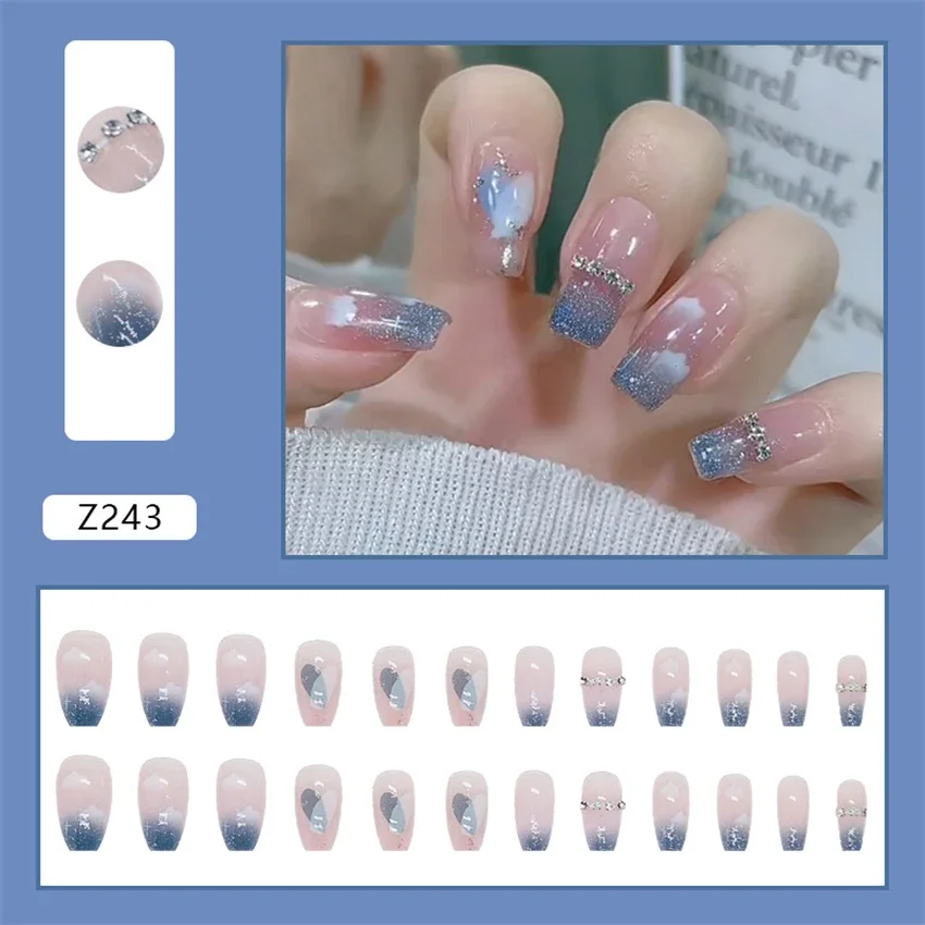 24Pcs/Set Gentle Sweet Cool Fake Nails Full Coverage Medium Length Wearing False Nails Tips Removable Adhesive Press on Nails