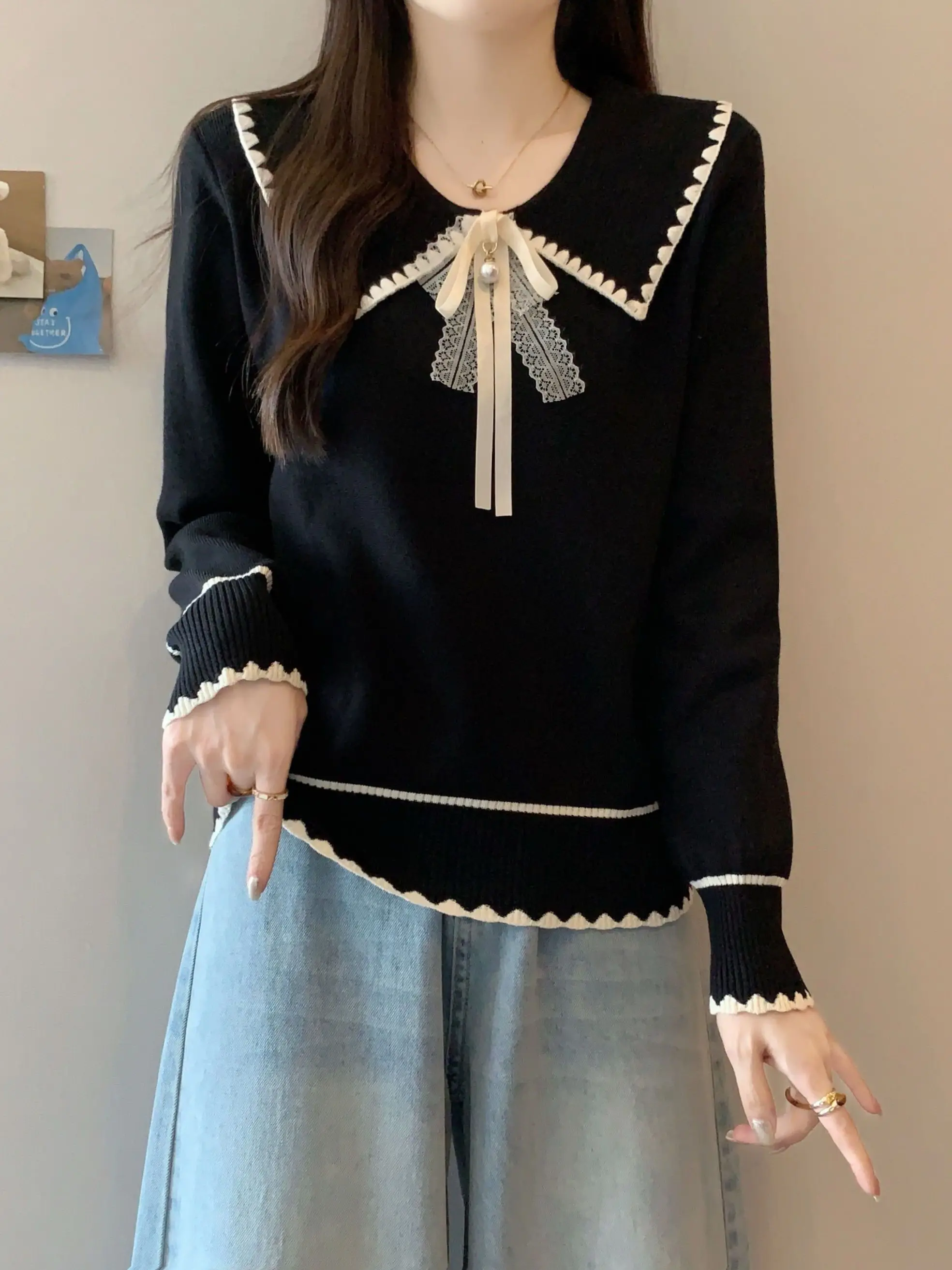 Женский вязаный свитер с воротником-бабочкой Long Sve Inner Wear Утягивающий мягкий топ Small Fraance Sle Top на осень