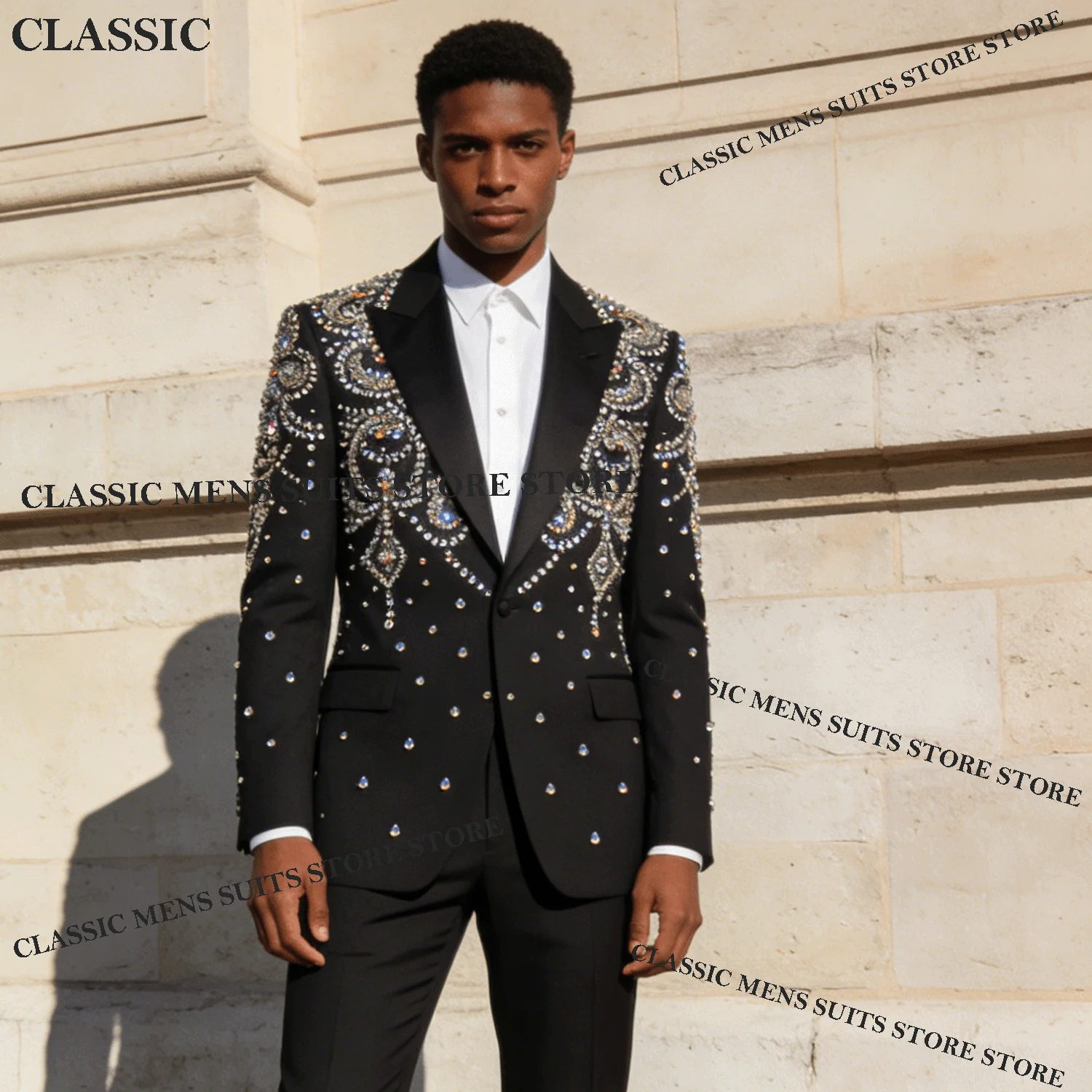 

Luxury Tuxedos Men Suits Sparkling Diamond Decoration Peaked Lapel Groom 2Pieces Set Wedding Male Prom Blazers suit Customized