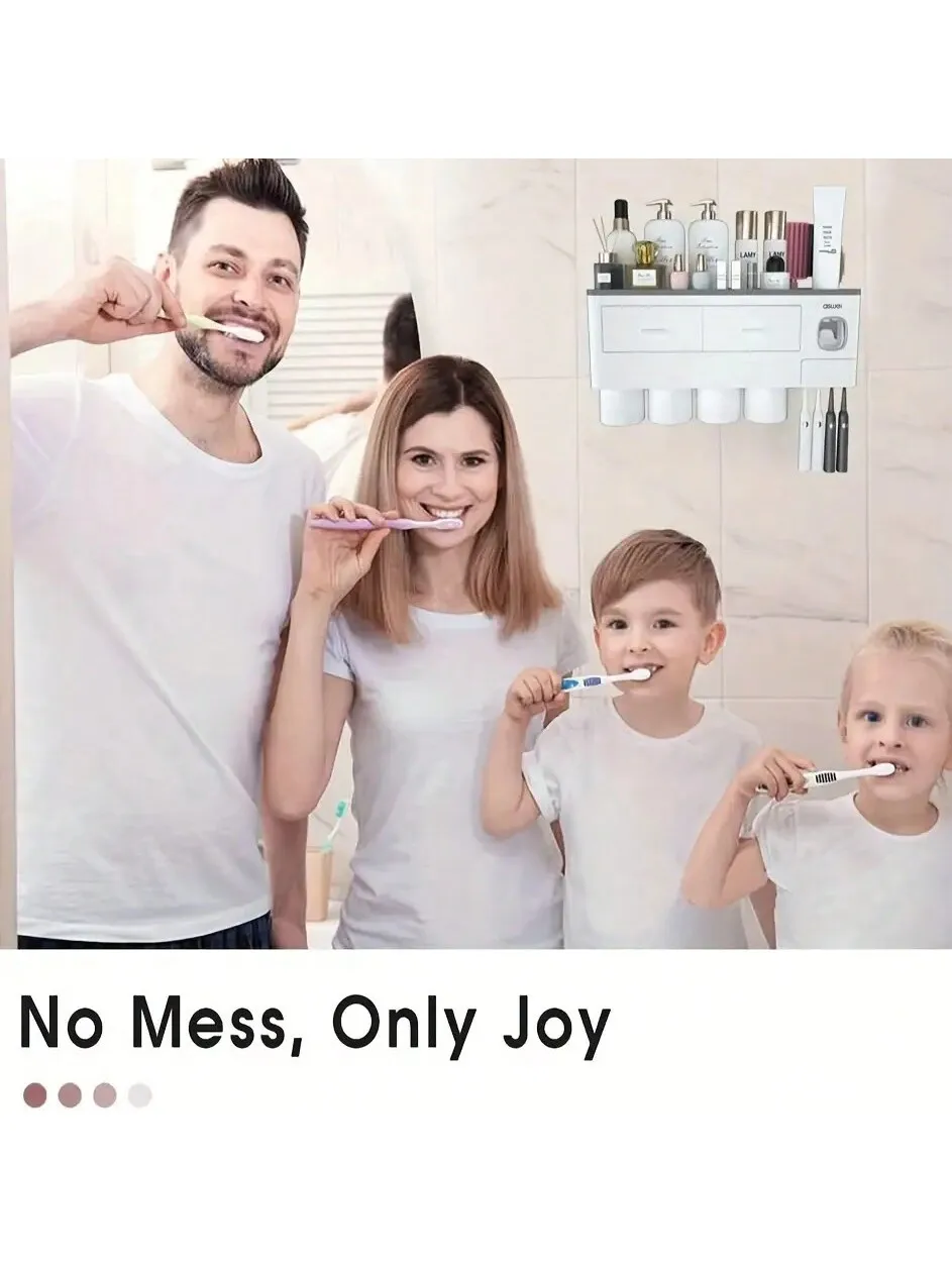 حامل فرشاة الأسنان مثبت على الحائط بدون مثقاب - منظم حمام 2 في 1 مع عصارة معجون الأسنان ورف تخزين #6