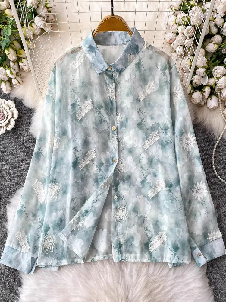 

2025 Spring Shirts Tie Dye Embroidery Design Long Sleeve Tops Single Breasted Blouses Fashion Vintage All Match Women's Clothing