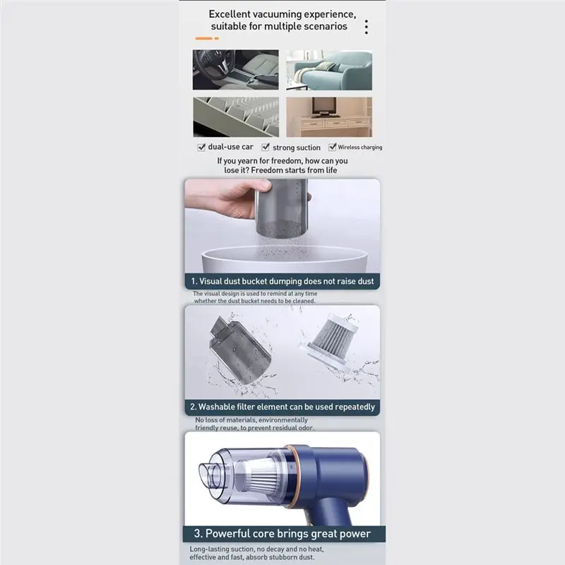 مكنسة كهربائية ABKS-Car محمولة للشحن والهواء المضغوط محمولة عالية الطاقة للمنزل والمكتب باللون الأبيض