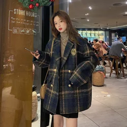 Fashion Women Suits Preppy Style Oversize Plaid Suit Woolen Coat Loose Long Ladies Overcoat Casual Female HOT Woman Jacket