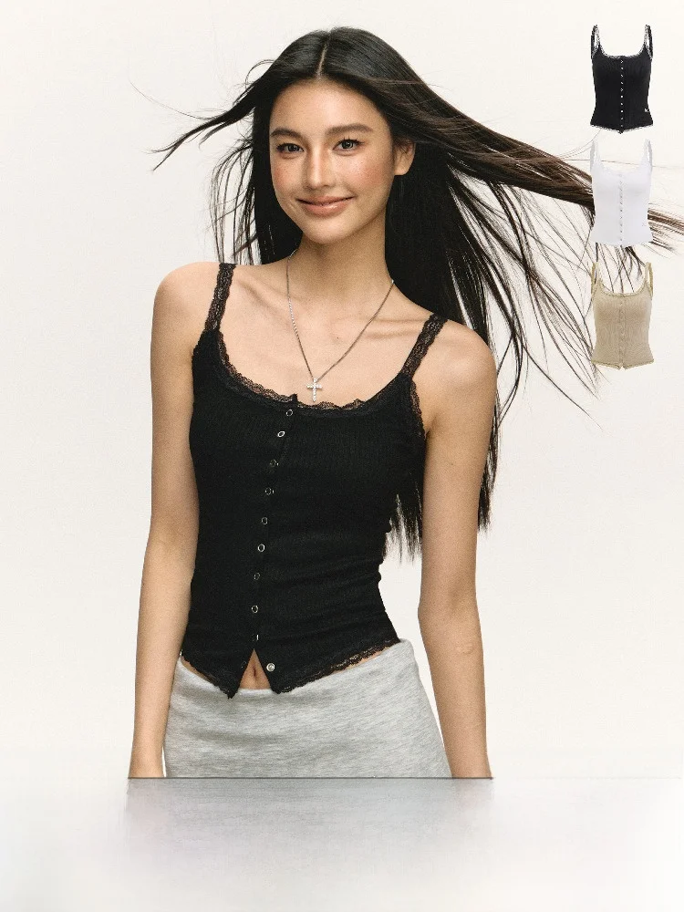 

Ariseism American Retro Lace Trim ter Vest Women's Summer Slim Fit Top Street Sle Single Button Fastening Pure Color