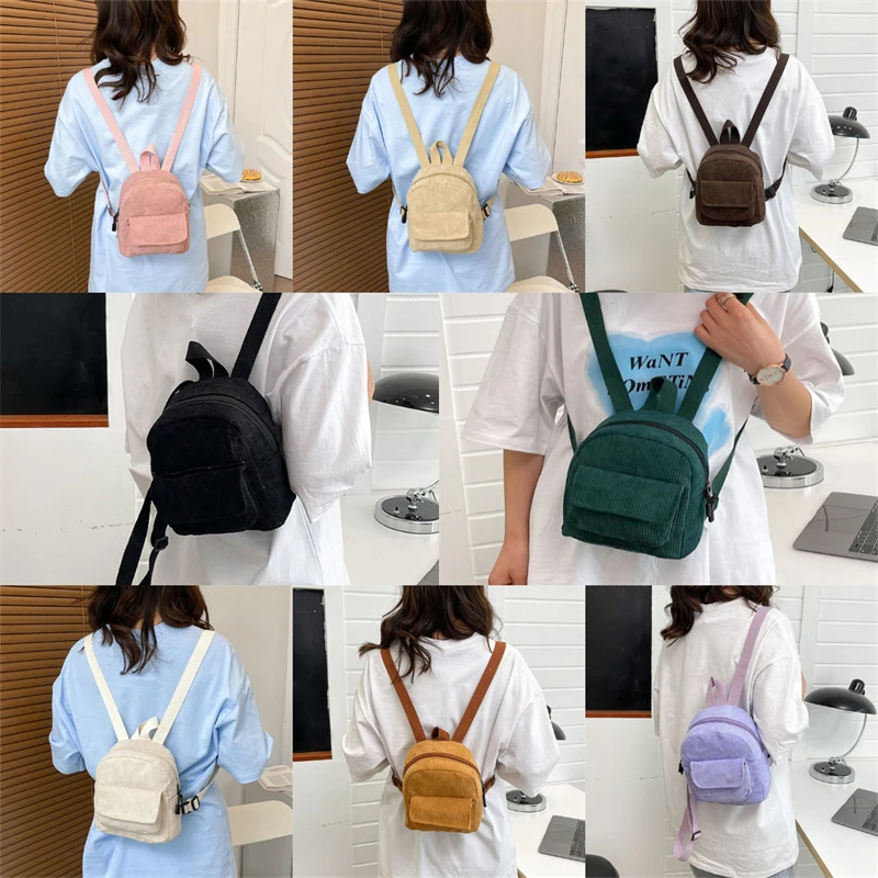 Solid Color Corduroy Mini Backpack Lightweight Small Backpacks Travel Rucksack School Baskpack Campus Junior Multiple Pocket