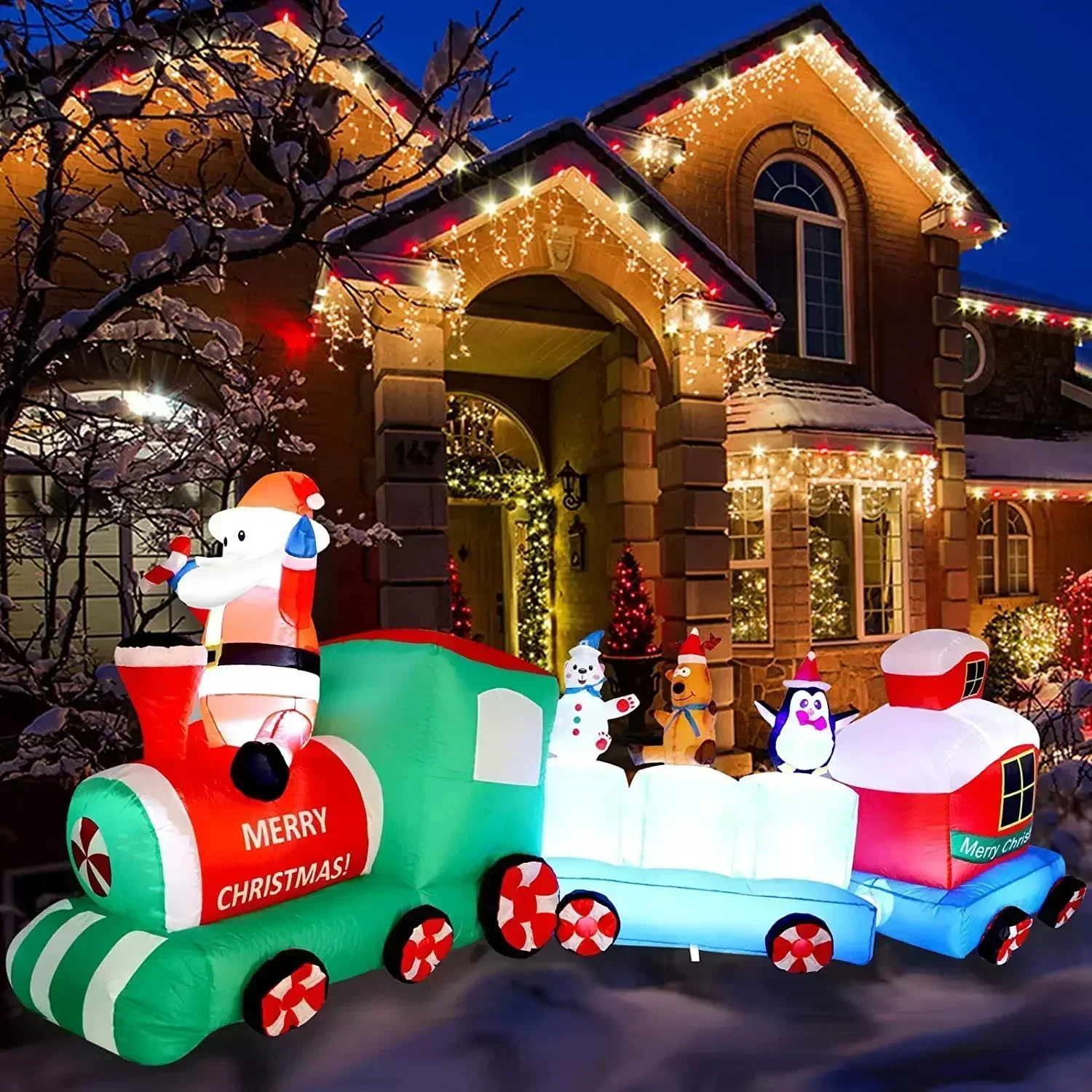 9ft Christmas Inflatable Train with Santa Claus Penguin Elk Bear Decorations LED Lighted Blow Up Yard Outdoor Holiday Xmas Decor