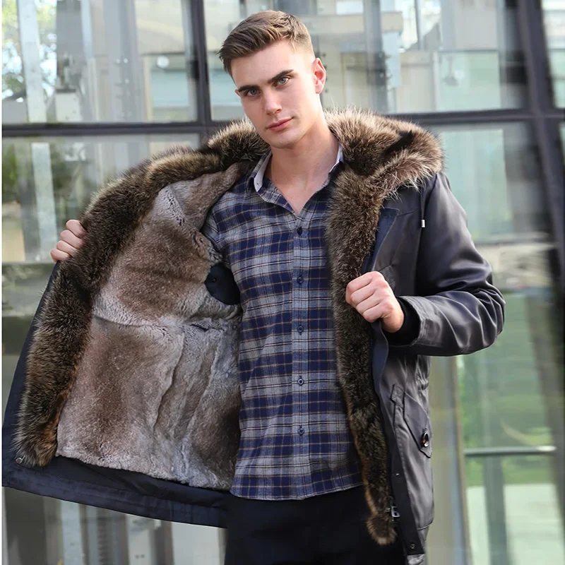 2024 MAOMAOKONG Rabbit fur lined bomber jacket men's natural winter coat locomotive real fur coat leather real raccoon fur parka