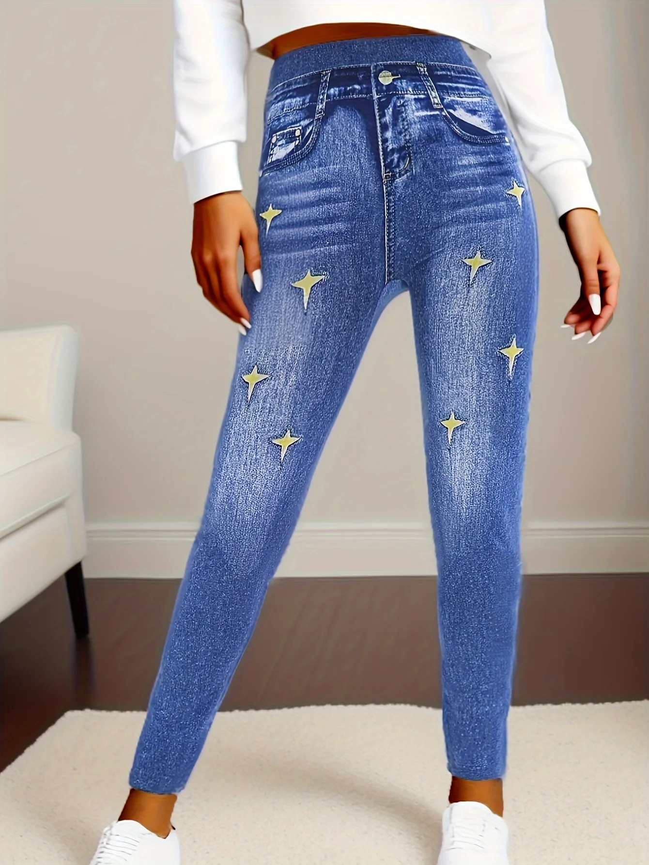 Casual Seamless Imitation Denim Tight Leggings For Women High Waisted Pentagram Elastic Sports And Fitness Pencil Pants