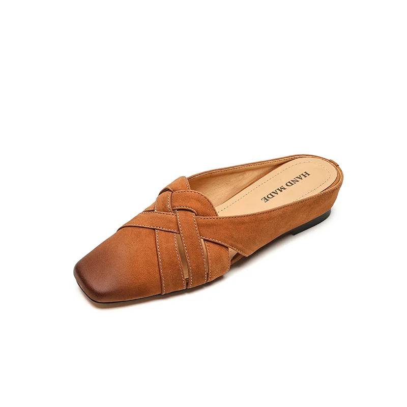 

Fashion Women Suede Slides 4cm Block Heel Leather Cross Strap Sandals Black Green Caramel