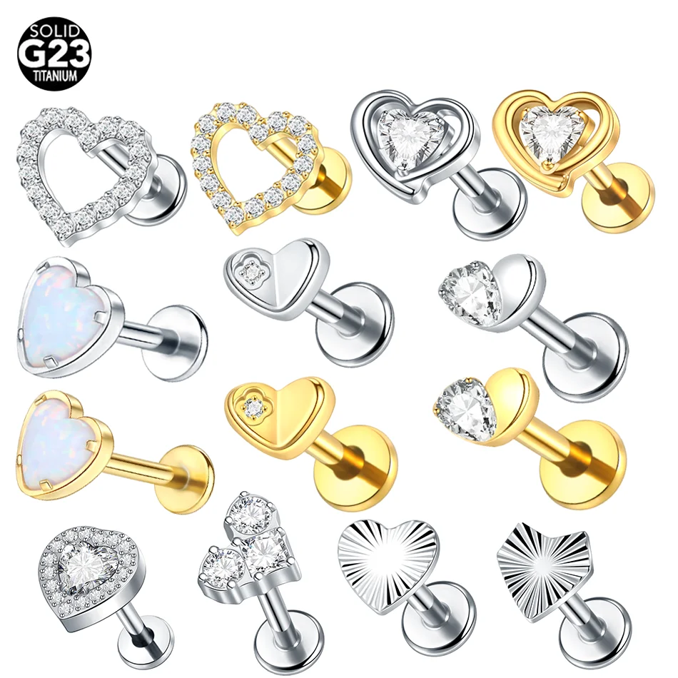 1pcs Titanium Heart Zirconia Helix Stud Earrings Internally Threaded Cartilage Tragus Labret Nose Piercing Body Jewelry