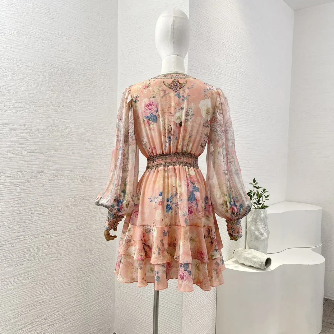 Mini vestido de seda pura para mulheres, mangas compridas, decote em v, estilo praia, laranja e rosa, diamantes, feriado, alta qualidade, recém-chegados, 2024