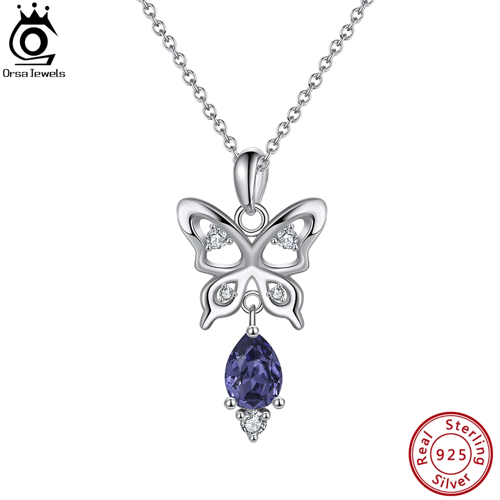 

ORSA JEWELS 925 Sterling Silver Pendants Necklace Butterfly Design with Austria Crystal Fashion Women Anniversary Jewelry SWN17