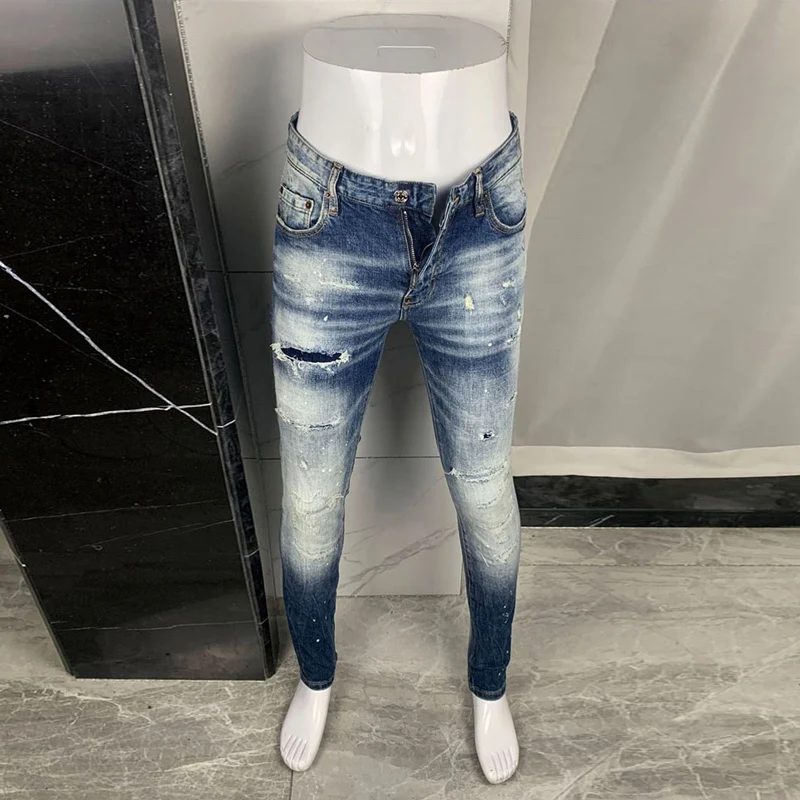 

Street Fashion Men Jeans High Quality Retro Washed Blue Stretch Slim Fit Ripped Jeans Men Patched Designer Hip Hop Brand Pants