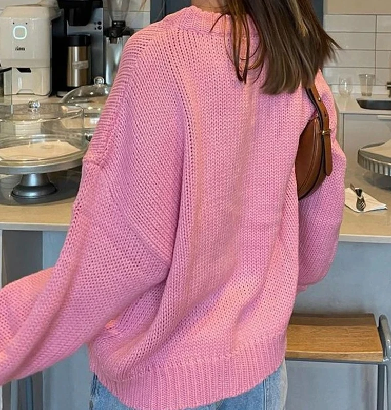 Einfarbige Pullover, lockere Passform, Pullover für Damen, lässig, übergroß, Strickpullover, Herbst und Winter