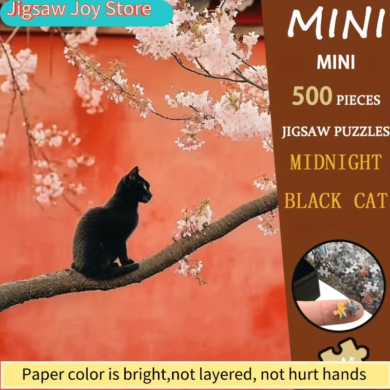 A 500pcs Mini Puzzle Featuring a Midnight Black Cat, Perfect As a Premium Christmas Gift. This Whimsical Artwork, Measuring 15