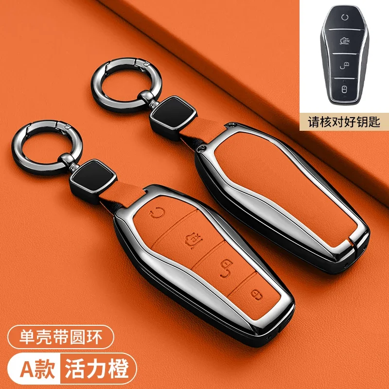 Key Case Cover for BYD Song Plus Atto 3 Han EV Tang DM Qin Seal Dolphin, Zinc Alloy Leather Remote Fob Protector Shell with Keyc