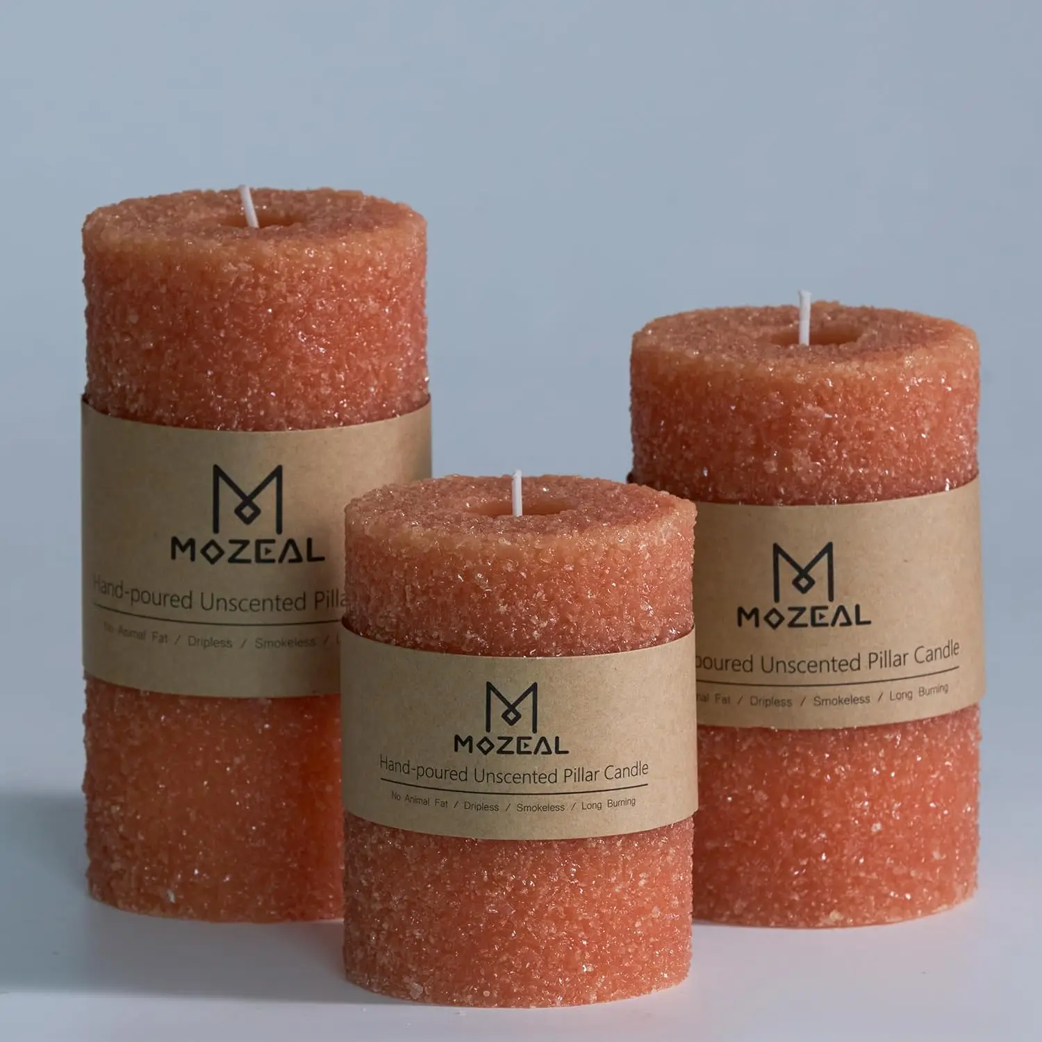 

Hand-Poured Granular Texture Decorative Burnt Orange Pillar Candles Set of 3 (3'x4', 5', 6