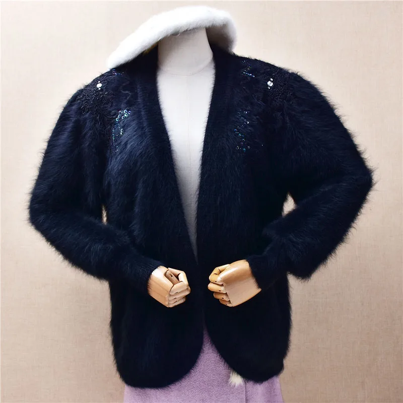 

459 Women Fall Winter Clothing Thick Warm Blue Hairy Mink Cashmere Knitted Hooded Loose Pullover Angora Fur Jumper Sweater