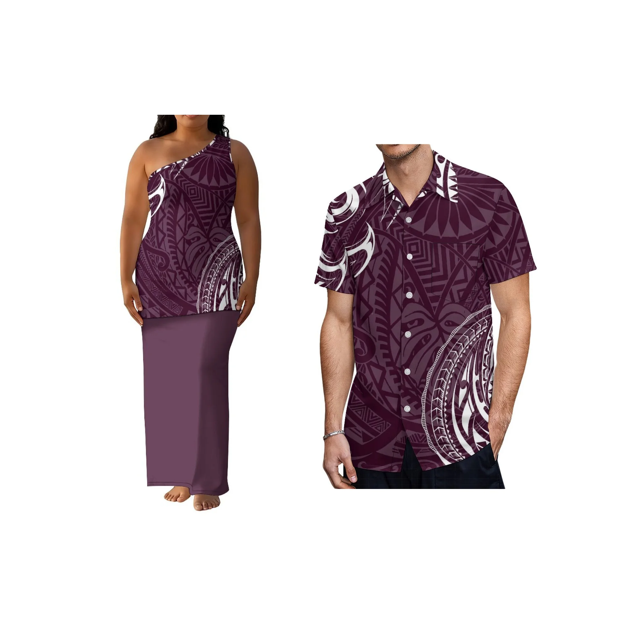 

Polynesian Design Custom One Shoulder Two Piece Maxi Dress Samoan Island Print Short Sleeve Dress