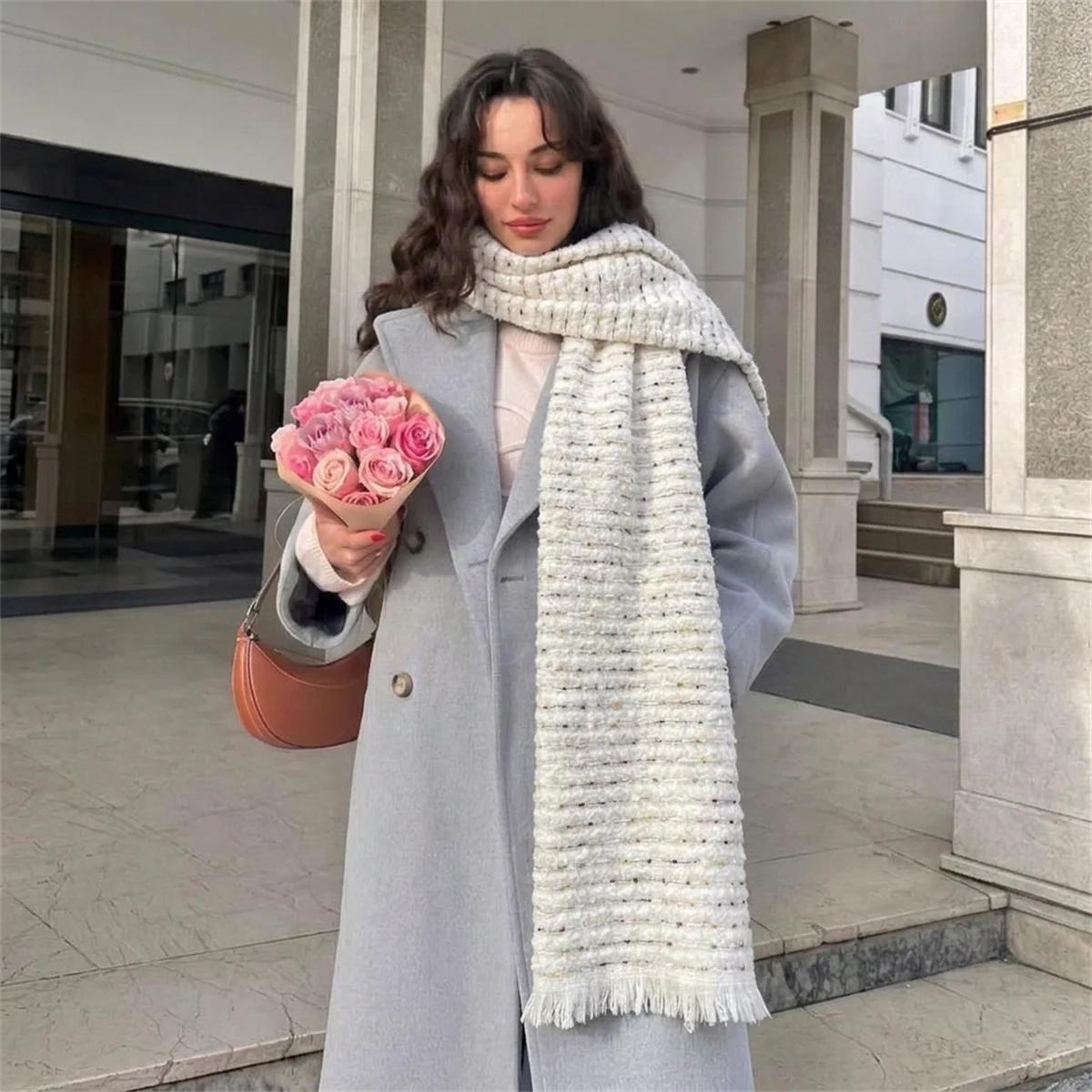 Fashion Polyester Hollow Out Stripe Long Scarf Ladies Tassel Fringe Lightweight Wrap Stylish Pattern Accessory For Cool Weather