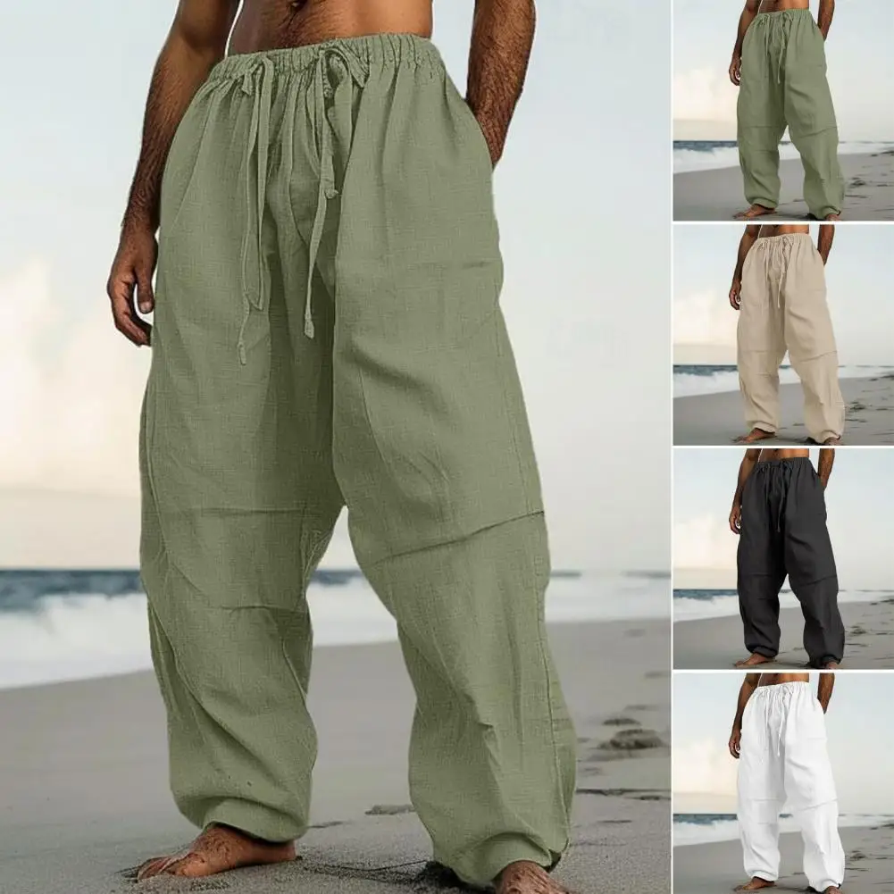 Men Trousers Men's Drawstring Elastic Waist Wide Leg Sweatpants with Pockets for Daily Wear Casual Sports Activities Wide Leg