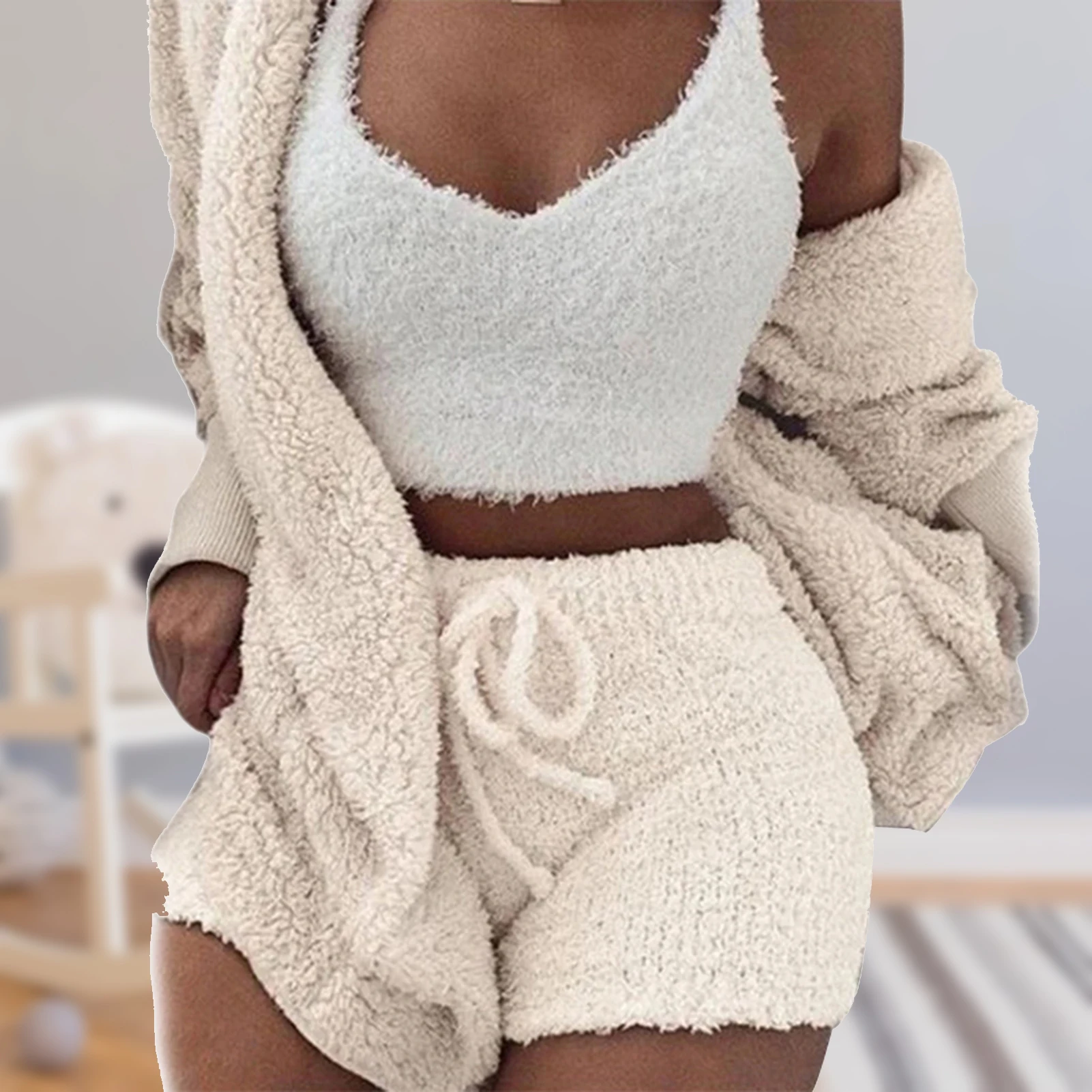 3PCS Women's Soft Plush Home Suit High Elastic Warm Household Clothes for Casual Household Wear