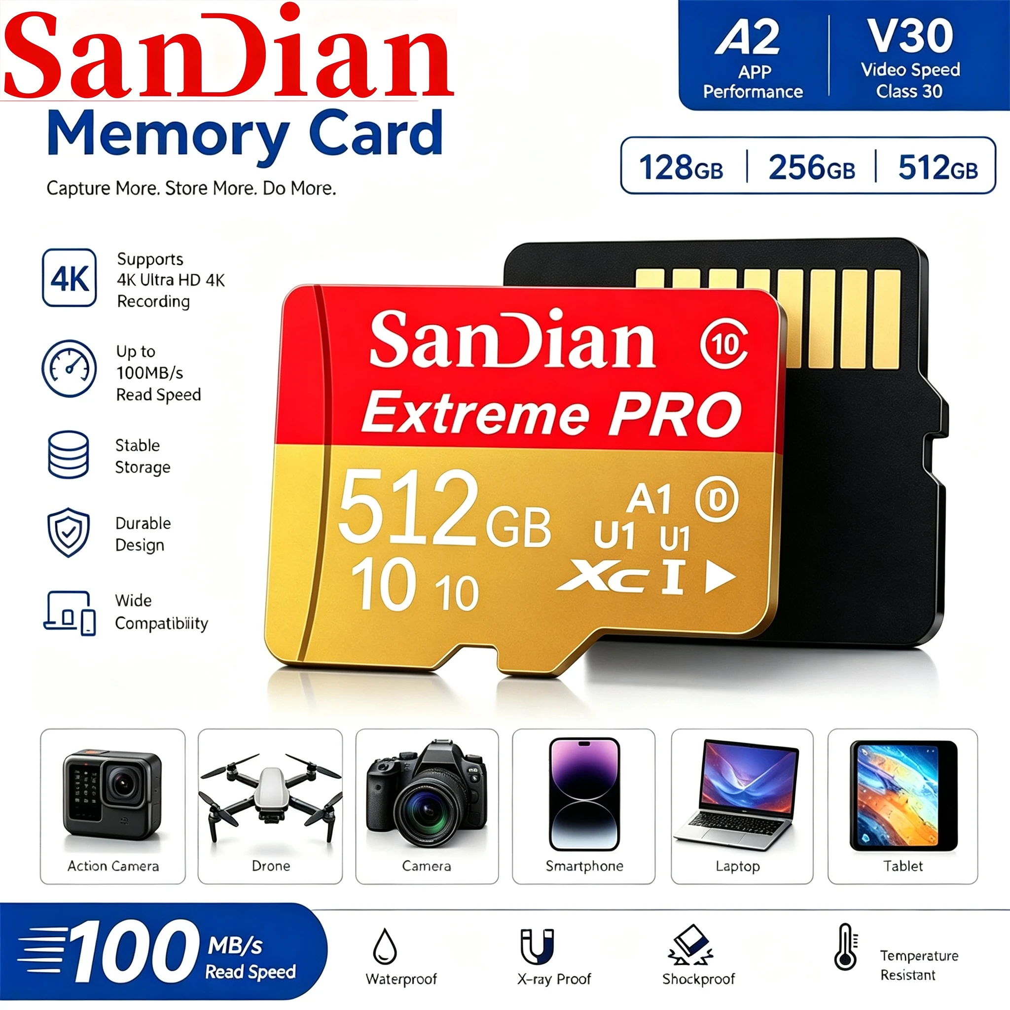 Rugged Memory Card 32GB 256GB 128GB TF Cards Micro TF SD Card SD Cards V10 U1 for Tablet/PC/Nintendo Switch/Speaker/Mobile