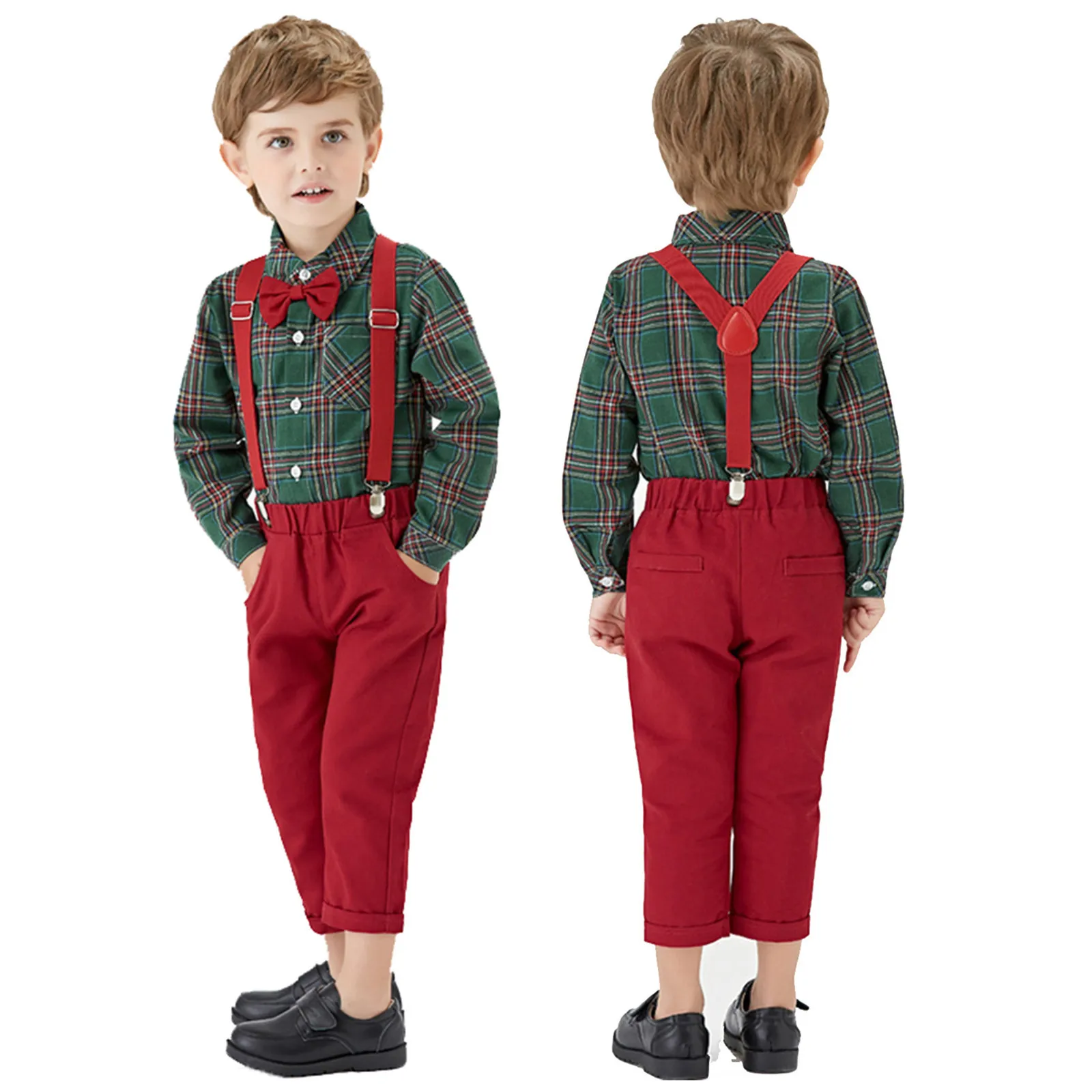 Toddler Baby Boys Gentleman Two- Suit Bow Tie Plaid Long Sleeve T-Shirt Boys First Birthday Outfits Bow Tie Outfits for Kids