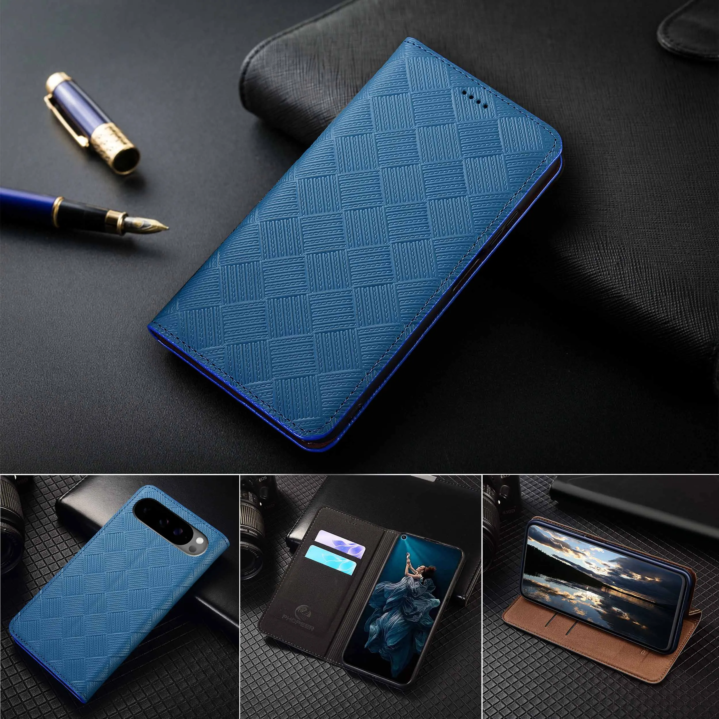 Per Google Pixel 2 3 3A 4 4A 5 5A 6 6A 7 8 8A 9 9A Pro XL 4G 5G Modello lavorato a maglia di custodia a portafoglio in vera pelle