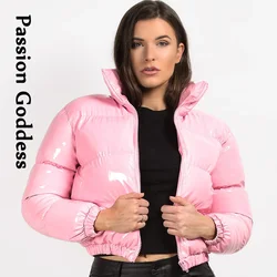 Winter Women Shiny PU Leather Jacket Cropped Parka Warm Thick Bubble Coat Pink Leather Down Parka Zipper Loose Puffly Jacket XXL