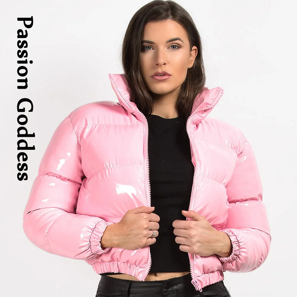 Winter Women Shiny PU Leather Jacket Cropped Parka Warm Thick Bubble Coat Pink Leather Down Parka Zipper Loose Puffly Jacket XXL