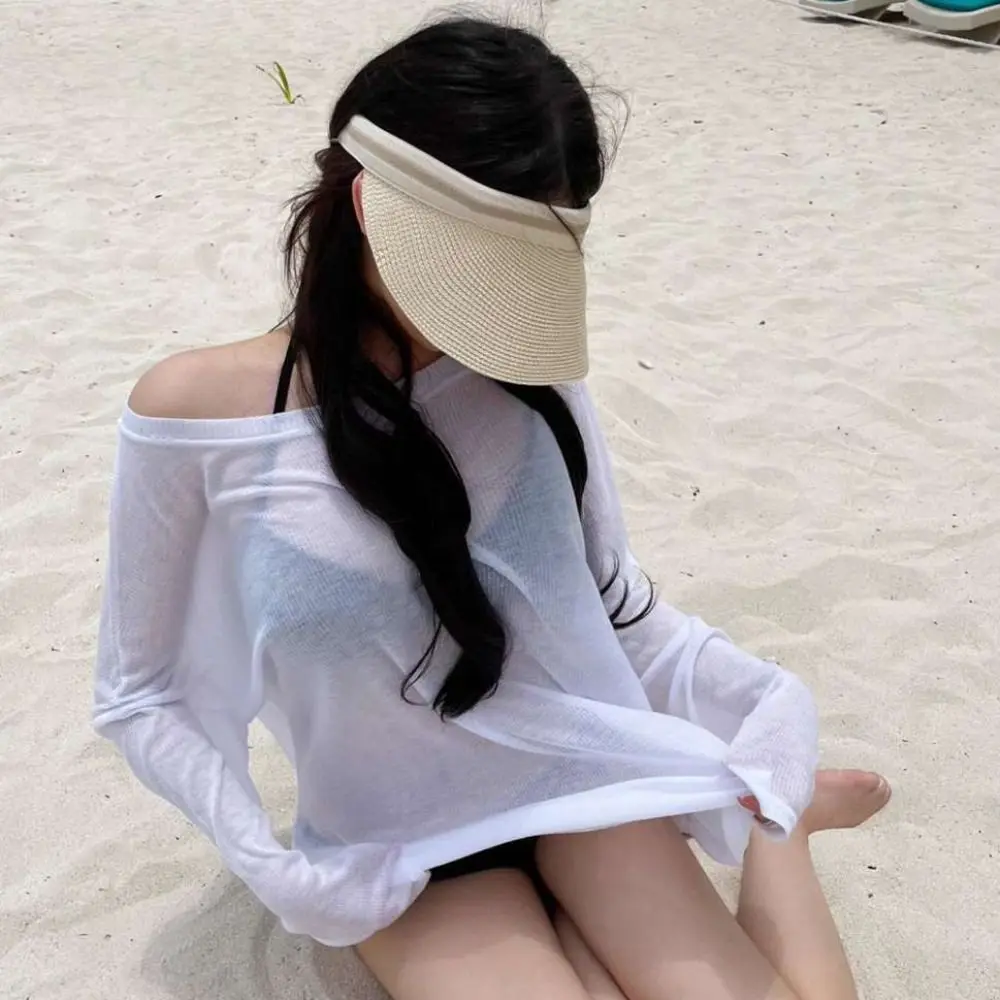 Bikini Cover Up Loose T Shirts Summer Beach Wear Plain Transparent Sun-protection Pullovers Oversize Washable Bottoming Shirts