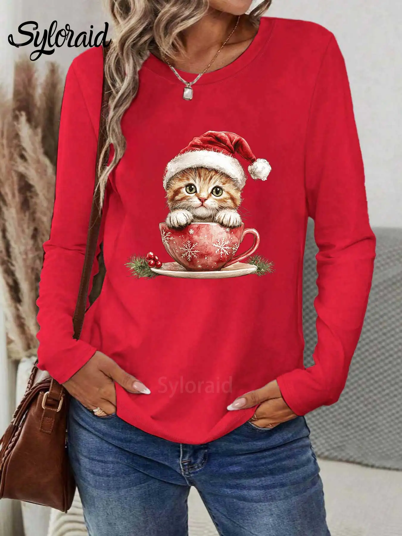 تي شيرت نسائي طويل الأكمام لعيد الميلاد سانتا كات في فنجان الشاي جرافيك تي شيرت عصري برقبة دائرية كاجوال #3