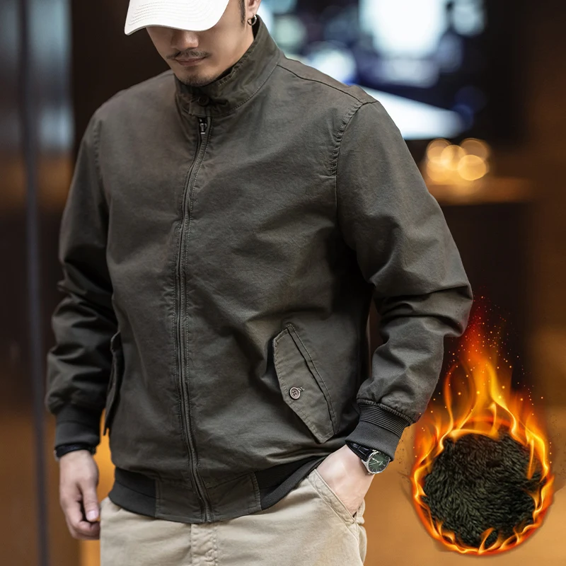 

American Retro Workwear Jacket Men's Autumn Winter Fleece Lined Stand Collar Casual Trendy Pilot Coat Men
