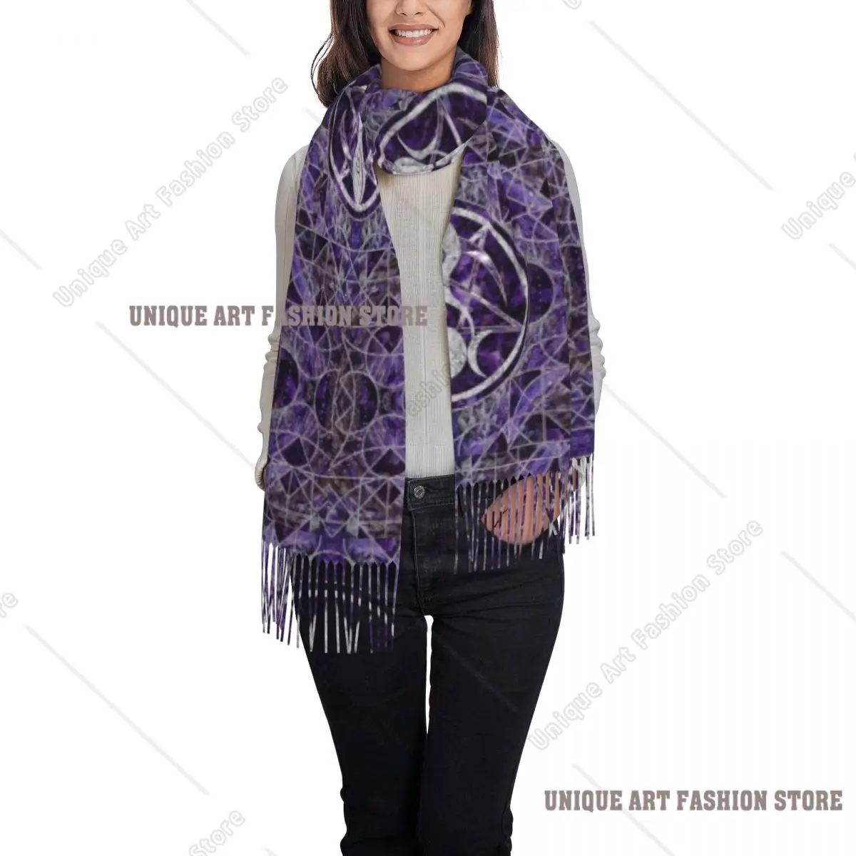 Custom Luxury Triple Moon Goddess Tassel Scarf Women Winter Warm Shawl Wrap Female Wiccan Pentagram Scarves