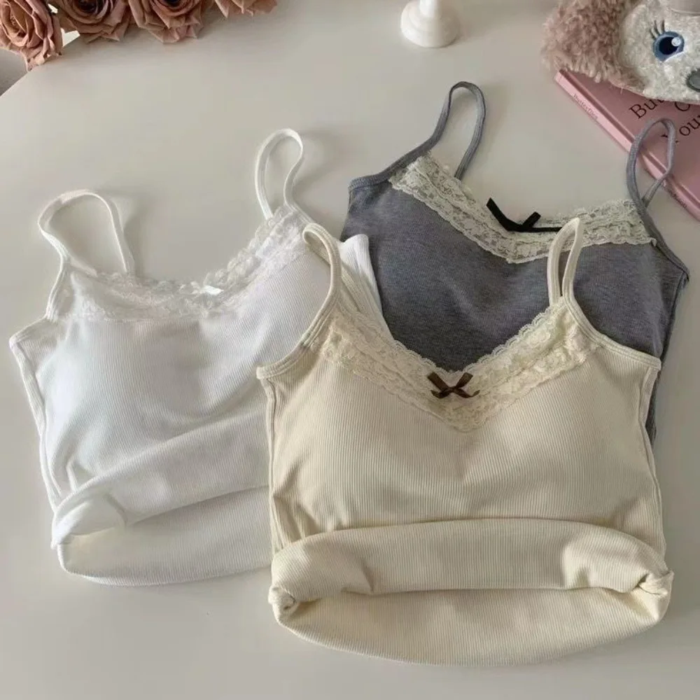 Süße Spitzen-Schleifenweste, Camisoles Y2K mit Brustpolstern, schmale Weste, schulterfrei, ärmelloses Tanktop für Damen